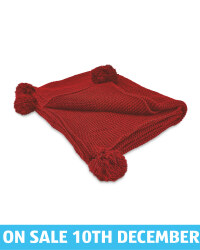 Deep Red Knitted Pompom Throw