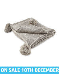 Grey Knitted Pompom Throw